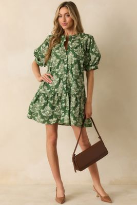Heirloom Grace Green Damask Print Cotton Mini Dress