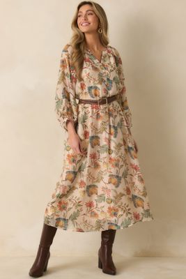 Among The Wildflowers Beige Multi Floral Print Long Sleeve Maxi Dress
