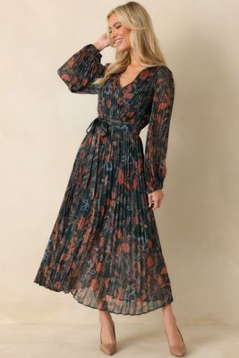 The One You Want Dark Green Multi Floral Pattern Pleated Maxi Dress