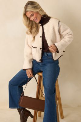 Bound To Be Cozy Ivory & Chocolate Brown Contrast Stitch Sherpa Jacket