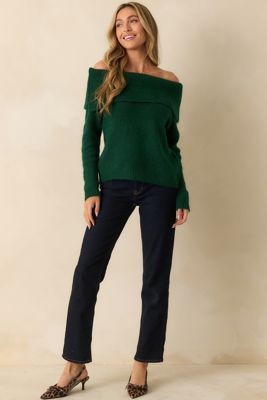 Warm Regards Emerald Knit Off-Shoulder Sweater