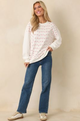 Heartstrings Attached White Cotton Embroidered Heart Crewneck Sweatshirt