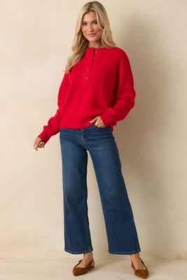 Warm Whimsy Red Knit Button Top Pullover Sweater
