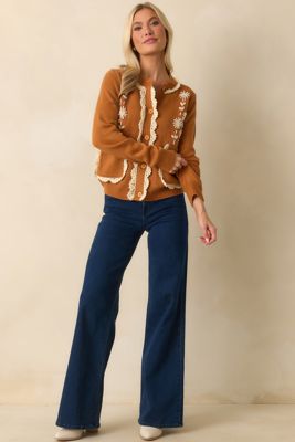 Settling In Caramel Brown Floral Embroidered Button Front Cardigan