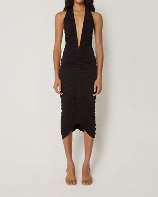 Plunging Ruched Midi Dress - Black