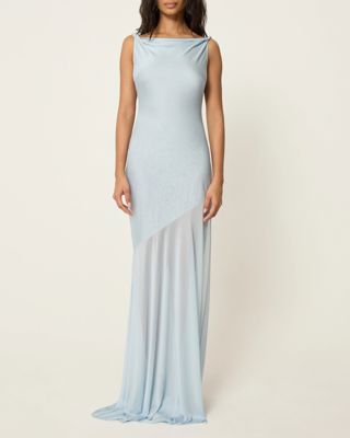 Sheer Draped Long Dress - LT Blue