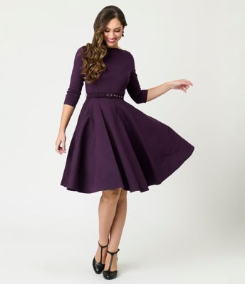 Unique Vintage Eggplant Devon Swing Dress