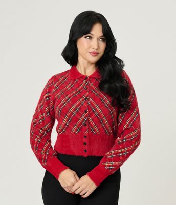 Unique Vintage Red Plaid Long Sleeve Cardigan