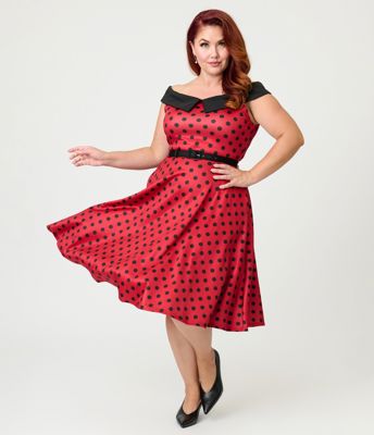 Unique Vintage Plus Size Red & Black Polka Dot Off The Shoulder Swing Dress