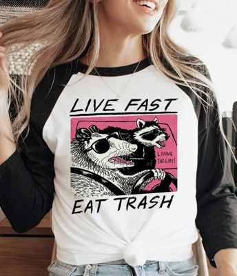 Black & White Live Fast Eat Trash Graphic Baseball Tee