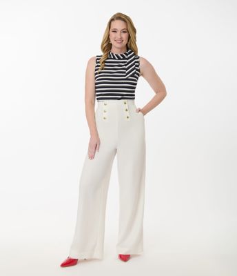 Smak Parlour White & Gold Button Wide Leg Sailor Pants