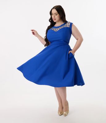 Unique Vintage Plus Size 1950s Royal Blue Diamond Cable Swing Dress