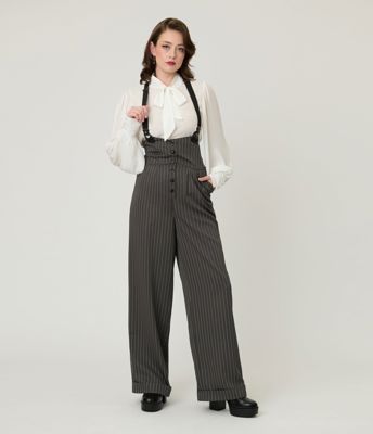 Unique Vintage Charcoal Pinstripe Thelma Suspender Pants