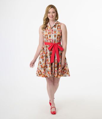 Smak Parlour 1960s Wanted Cats Print Cotton Flare Dress