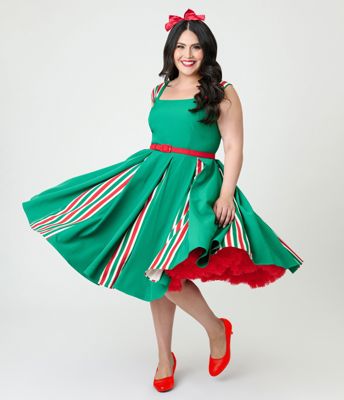 Unique Vintage Plus Size Green & Candy Cane Stripe Swing Dress