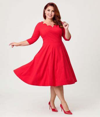 Unique Vintage Plus Size Red Scalloped Neck Swing Dress
