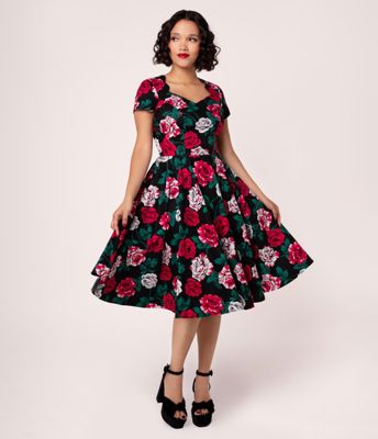 Hell Bunny Black & Painted Roses Swing Dress