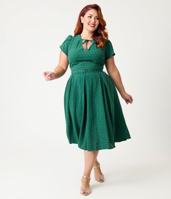 Unique Vintage Plus Size Emerald & Gold Drop Dahlia Swing Dress