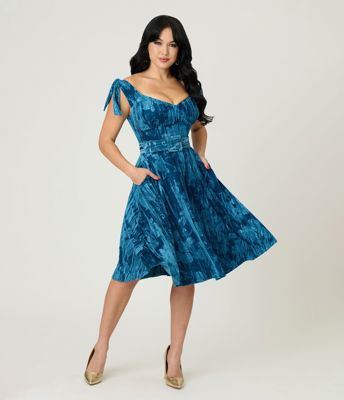 Unique Vintage Blue Floral Embossed Velvet Prairie Swing Dress