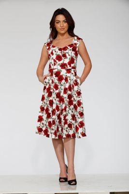 White & Red Rose Swing Dress