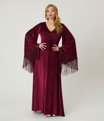 Smak Parlour Burgundy Glitter Velvet Fringe Sleeve Stevie Maxi Dress