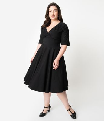Unique Vintage Plus Size Black Delores Swing Dress With Sleeves