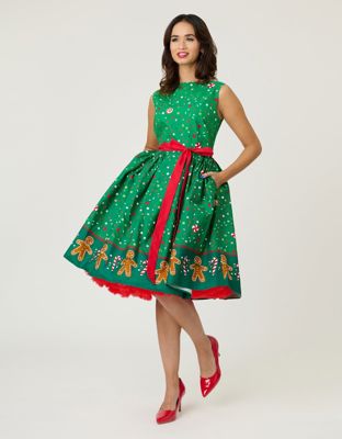 Unique Vintage Gingerbread Man Border Print Sleeveless Cotton Swing Dress