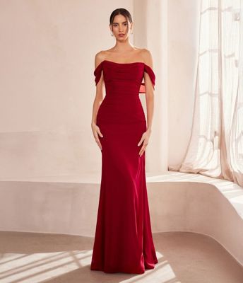 Amoris BY Cinderella Divine Burgundy Chiffon Fitted Off Shoulder Prom Gown