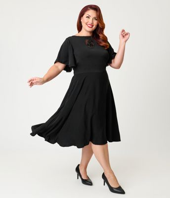 Unique Vintage Plus Size Black Floral Mesh Cutout Swing Dress