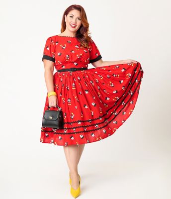 Disney Mickey & Friends Collection BY Unique Vintage Plus Size Red Mickey Print Swing Dress