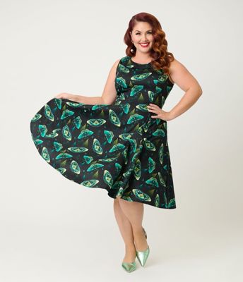Orchid Bloom Plus Size Black & Blue Butterfly Cotton Swing Dress