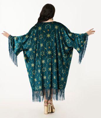Disney Princess Collection BY Unique Vintage Teal & Gold Royal Palace Velvet Fringe Kimono
