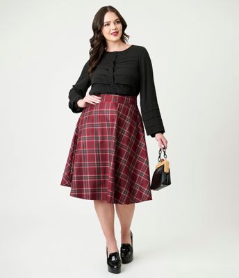 Unique Vintage Burgundy Plaid Vivian Swing Skirt