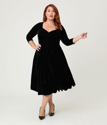 Unique Vintage Plus Size Black Velvet Front Twist Swing Dress