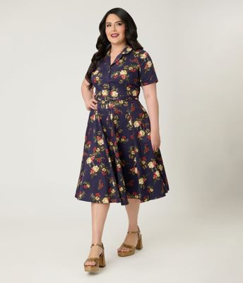 Banned Plus Size Dark Blue Romantic Floral Midi Dress