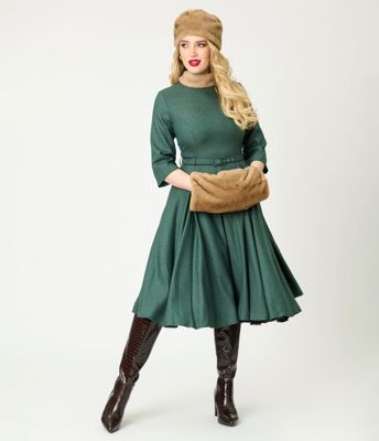 Banned Green & Brown Faux Fur Collar Swing Dress