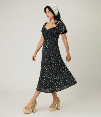 Unique Vintage Black & Blue Floral Puff Sleeve Midi Dress