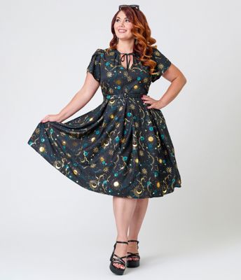 Unique Vintage Plus Size Gold Foil Celestial Dahlia Swing Dress