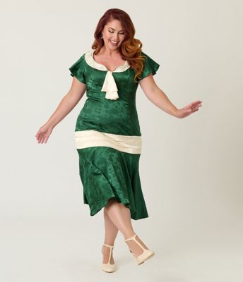 Unique Vintage Plus Size Green Floral Jacquard Wilshire Flapper Dress