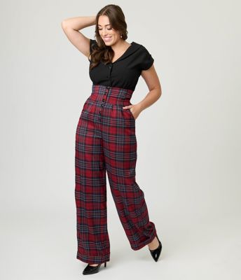 Unique Vintage Red Plaid High Waist Trousers
