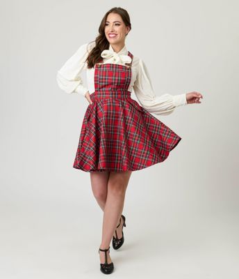Unique Vintage Red Plaid Brionne Pinafore Skirt