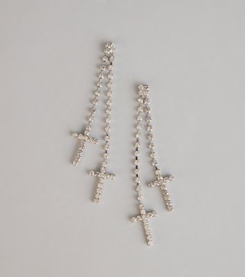 Sleek Sparkle Rhinestone Cross Linear Earrings