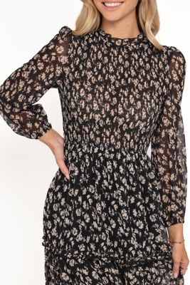 Edwina Shirred Frill Long Sleeve Midi Dress - Black Ditsy Floral