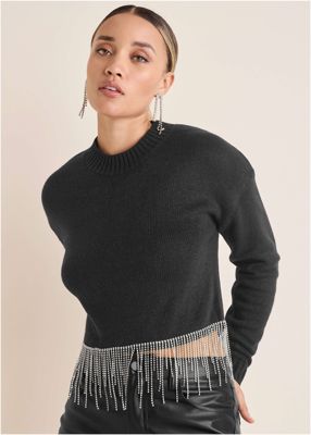 Rhinestone Trim Sweater - Jet Black