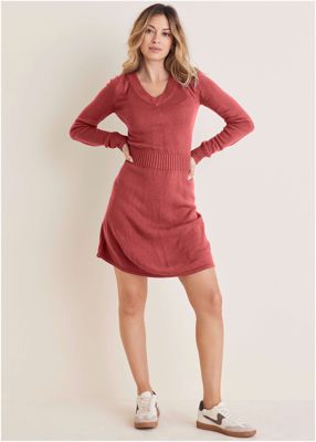 V-Neck Mini Sweater Dress - Mineral Red