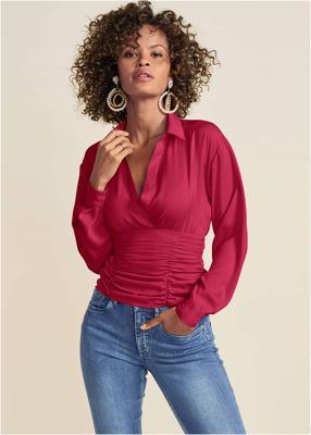 Ruched V-Neck Blouse - Granita