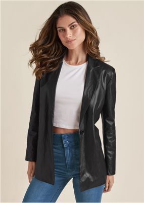 Faux-Leather Blazer - Jet Black