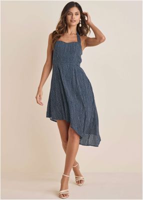 Halter High-Low Dress - Navy Dot Stripe