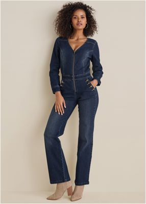 Zip Front Denim Jumpsuit - Dark Wash