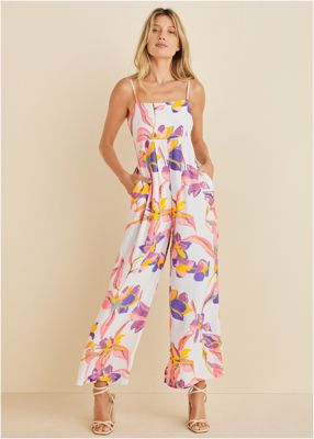Square Neck Printed Jumpsuit - White Multi